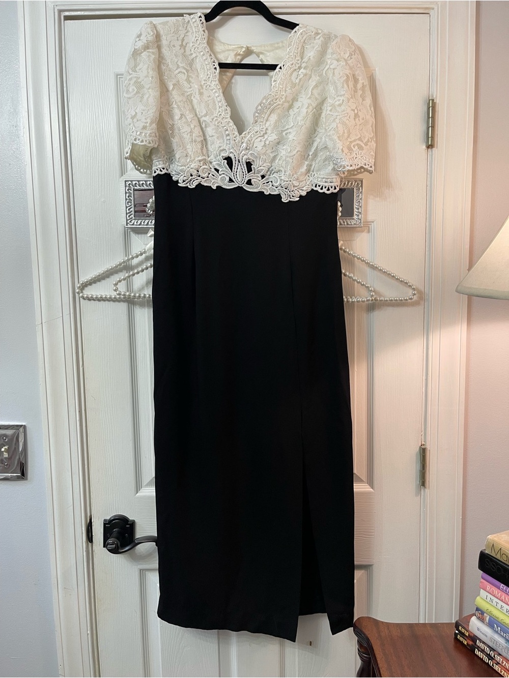 Vintage Elegant Black and White Lace Midi Dress